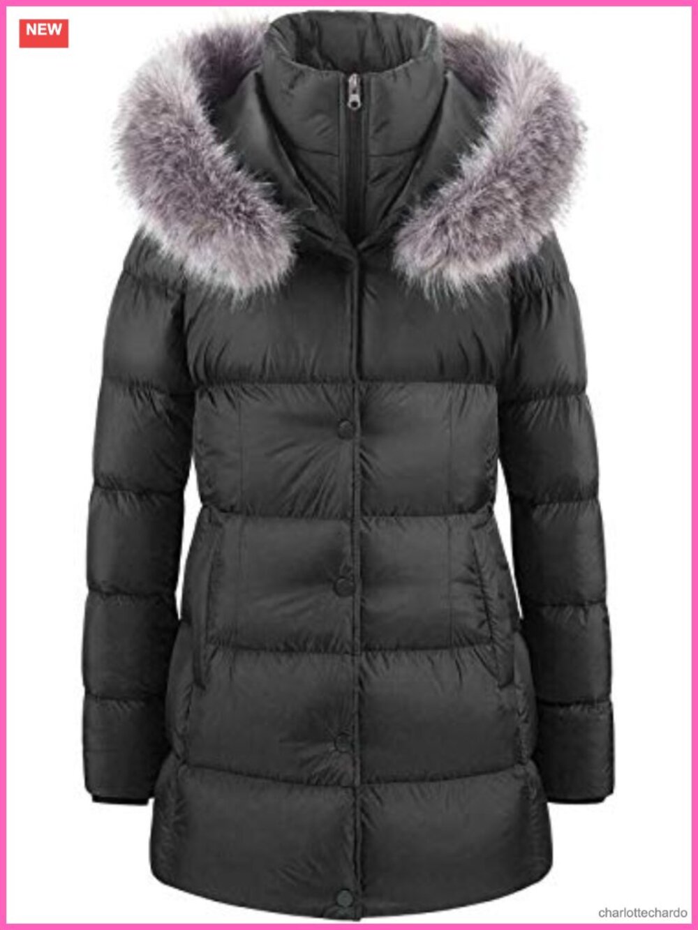 CREATMO US Synthetic Down Puffer Coat Removable Faux Fur Trim Hooded Winter